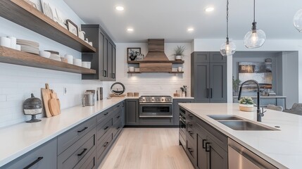 modern kitchen with a minimalist design. The kitchen has a large island with a white countertop and a sink on the right side. The island has multiple drawers and cabinets in a dark grey color.