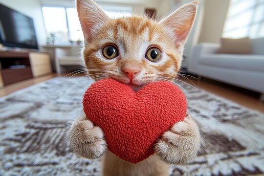 Ad campaign companion visual idea pattern. Cute pixiebob baby feline with furry friend toy red heart at cozy quarters. Pixiebob - my cherished cat, symbol of care. Kitten friendship love.