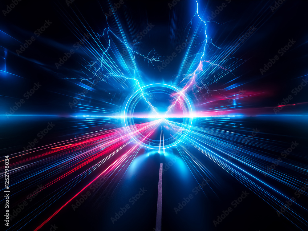 Poster vibrant abstract image of a central glowing blue circle emitting dynamic red and blue light streaks 