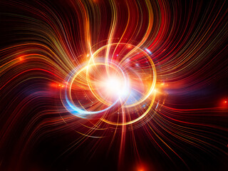 Abstract digital artwork shows swirling lines of orange, red, and yellow radiating from a bright, glowing center. Blue accents add depth to the dynamic energy against the dark background.