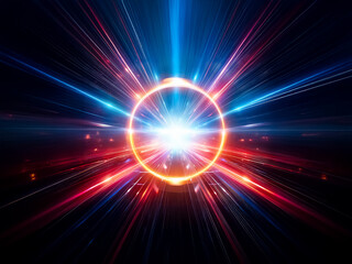 Fototapeta premium A vibrant, glowing ring encircles a brilliant light source, emanating energy and radiating outwards in a cosmic display. Intense blue and orange hues dominate the dark background.