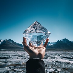 A fake photo of a person holding a giant fake diamond
