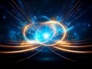 Obraz premium Intertwined luminous rings, golden and blue, swirl in a cosmic dance against a dark background. Glowing energy radiates outwards, creating a vibrant, ethereal effect.