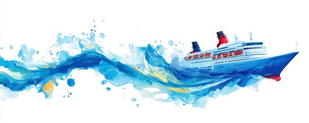 Cruise ship sailing ocean waves, watercolor splash background; travel brochure