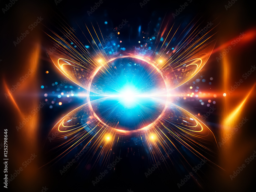 Poster a vibrant, luminous ring of energy pulses with blue and orange light, emanating a bright core. surro