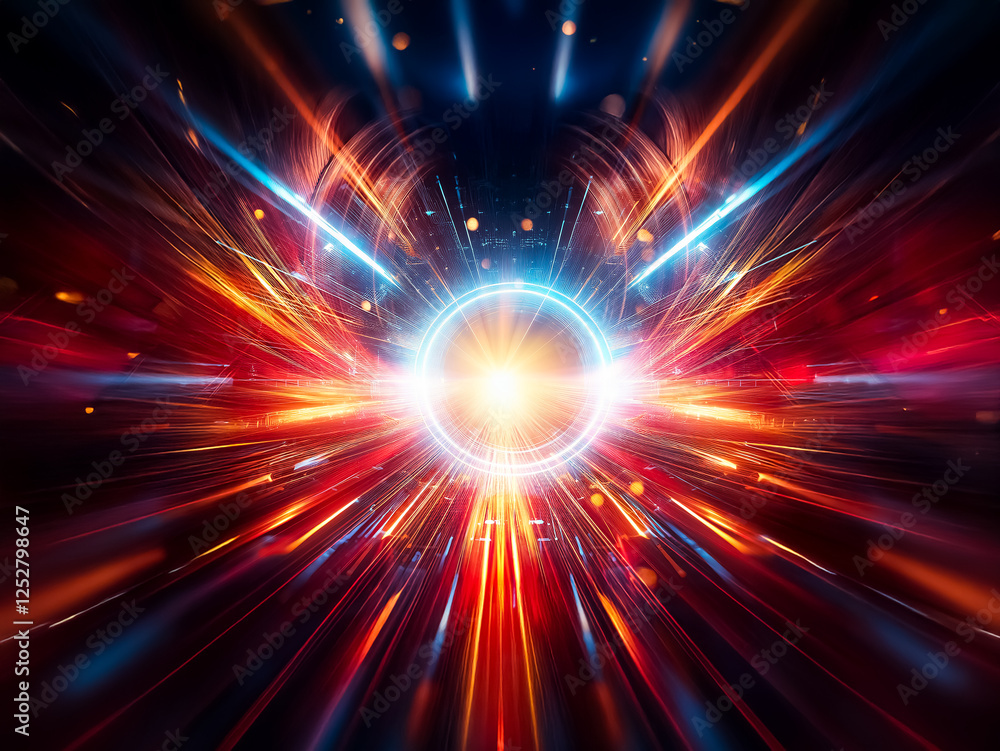 Aufkleber abstract digital art depicting a glowing circular portal with vibrant orange and blue light streaks,