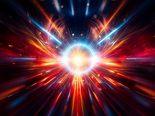 Naklejka premium Abstract digital art depicting a glowing circular portal with vibrant orange and blue light streaks, radiating outwards creating a sense of speed and movement through a dark, futuristic space.