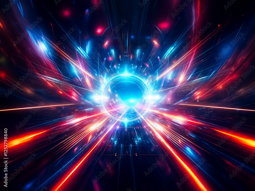 Poster dynamic abstract image: bright blue and red light rays burst from a glowing center, creating a futur