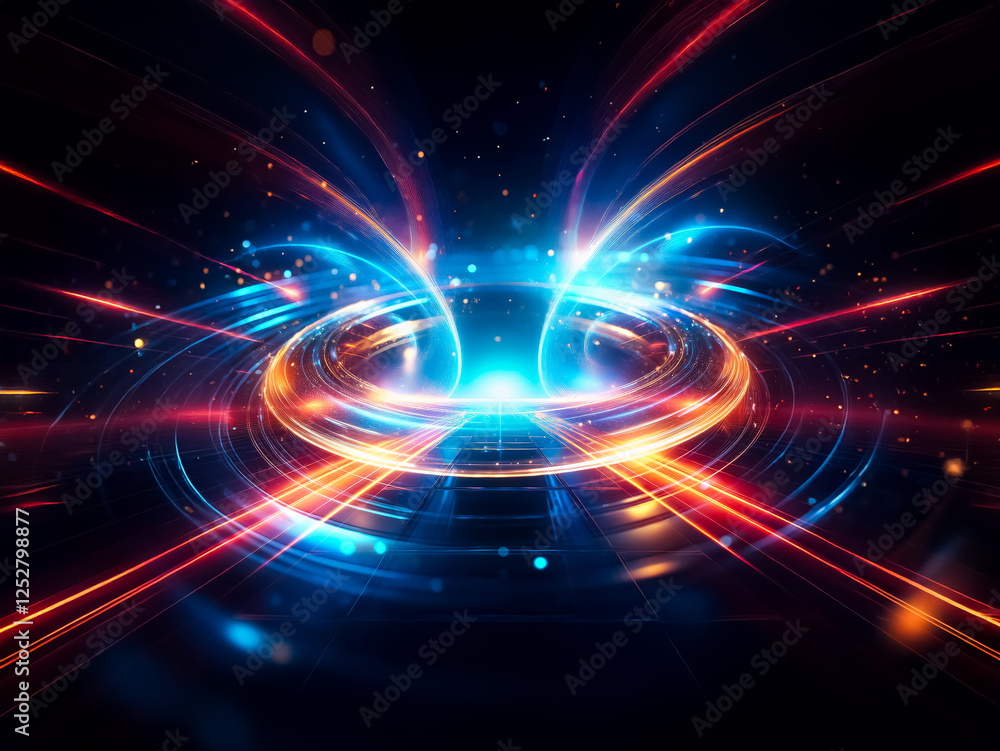 Poster glowing ring with swirling blue and orange light trails on a dark background. sparkles and energy em