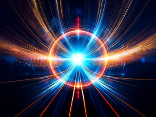 A vibrant, glowing circular design with concentric rings of orange and blue light, centered on a bright blue core, set against a dark background.  The image evokes feelings of technology and energy.
