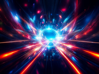 Obraz premium Dynamic abstract image: bright blue and red light rays burst from a glowing center, creating a futuristic tunnel effect with intense energy and motion.