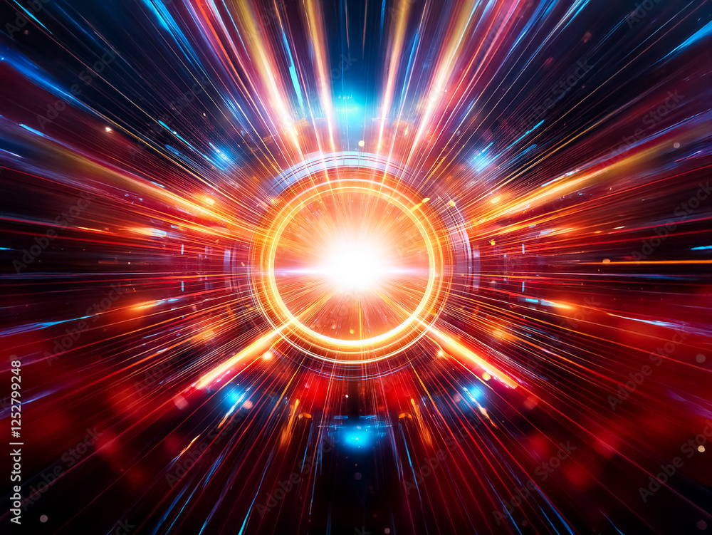 Poster abstract explosion of light with radial lines emanating from a bright center. vibrant colors of red,