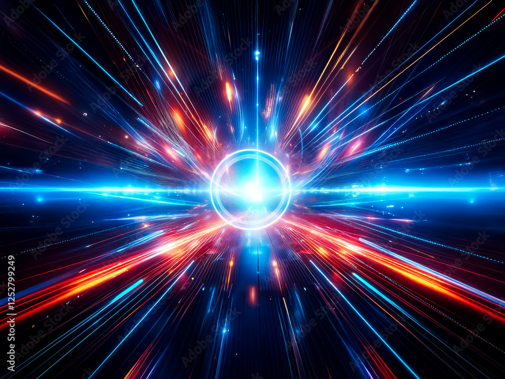 Poster abstract image of bright blue and red light streaks radiating from a central glowing orb against a d