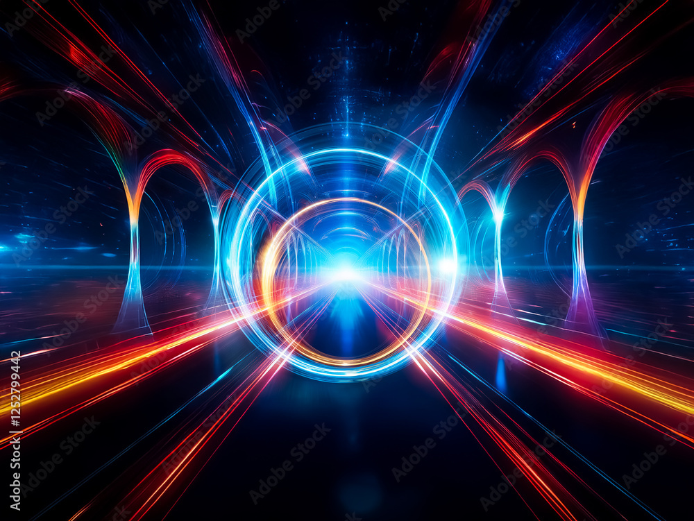 Poster abstract image of glowing concentric circles, blue and gold, emitting light against a dark backgroun