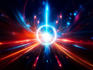 Obraz premium Abstract image with bright light beams radiating from a central glowing circle. Vibrant blue and red lines create a futuristic and dynamic effect.