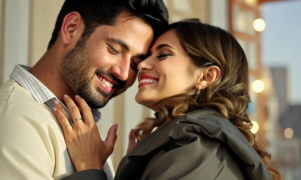 Couple's romantic embrace, city background, love, affection, relationship, intimacy, dating, portrait