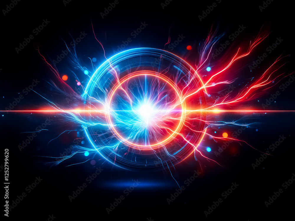 Poster Glowing concentric circles of blue and orange light pulse with energy, creating a bright, futuristic portal effect against a dark background.  A central, bright star-like point adds to the intense lum