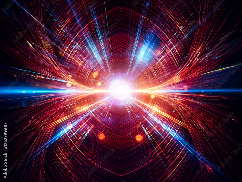 Poster a vibrant, abstract depiction of light streaks radiating from a central glowing orb, suggesting rapi