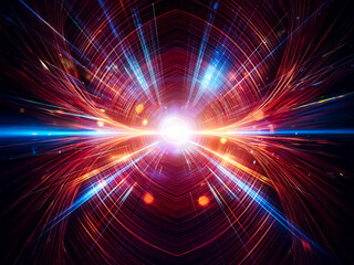 Fototapeta premium A vibrant, abstract depiction of light streaks radiating from a central glowing orb, suggesting rapid movement and boundless energy. The dark background enhances the luminescence.