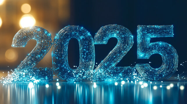  The number "2025" crafted from 3D printed materials and circuits, glowing with a blue and silver color theme, representing innovation. 