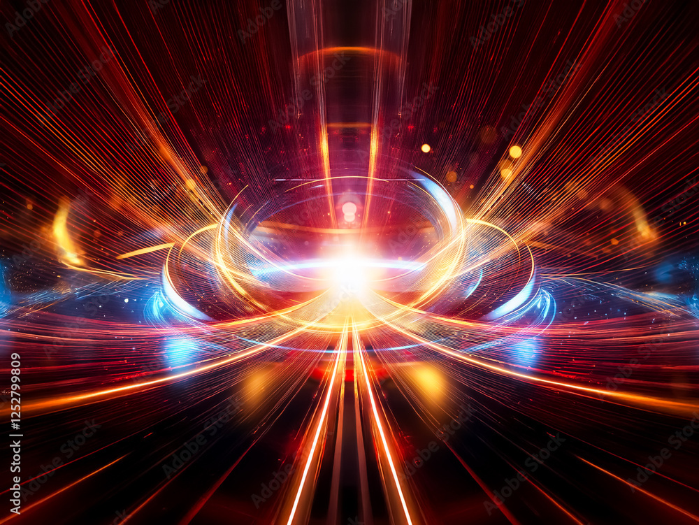 Poster abstract image with radiating light and circular forms in red, orange, and blue against a dark backd