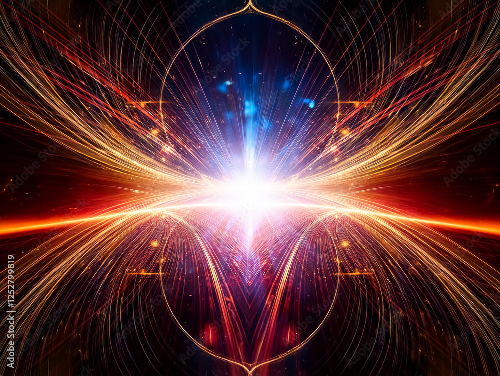 Poster A vibrant, symmetrical abstract design featuring a bright central light source emitting radiant lines of orange and blue against a dark backdrop, creating a dynamic explosion effect.