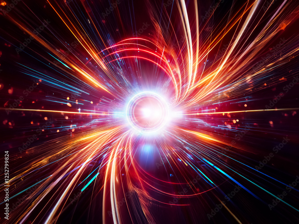 Poster Bright light rays burst from the center, creating a dynamic and energetic abstract visual. Red, orange, and blue colors add depth and vibrancy.