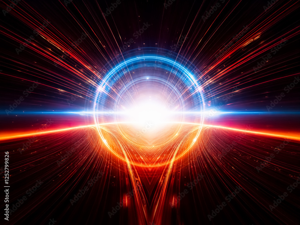Poster abstract image of concentric glowing rings in blue and orange hues, intersected by a bright horizont