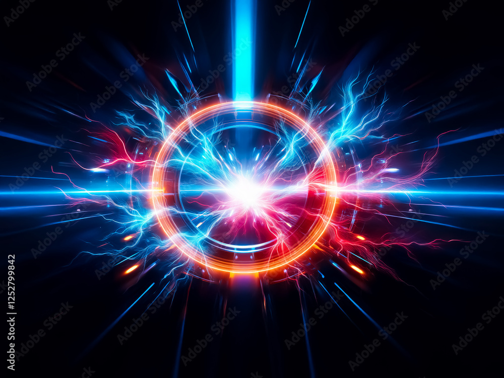 Poster Bright light explosion with electric sparks and rays emanating from a central glowing circle on a dark backdrop. Blue and red energy streams.