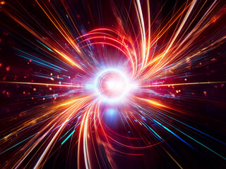 Obraz premium Bright light rays burst from the center, creating a dynamic and energetic abstract visual. Red, orange, and blue colors add depth and vibrancy.