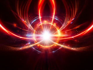 Obraz premium A vibrant, swirling energy ring, radiating light and particles. Colors blend from cool blues to fiery oranges. The center glows intensely. The image evokes feelings of power and cosmic energy.