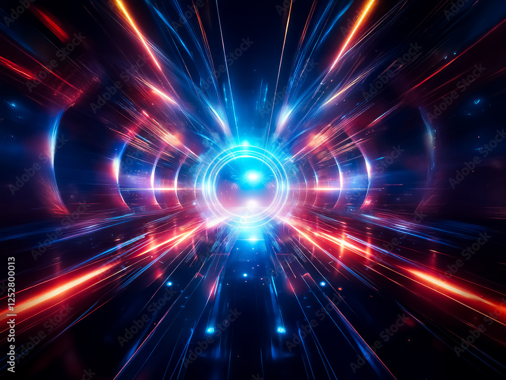 Poster Abstract futuristic image features a vibrant central light source radiating blue and red beams outwards.  Dynamic and energetic, it creates a tunnel or portal effect with a sense of speed and depth.