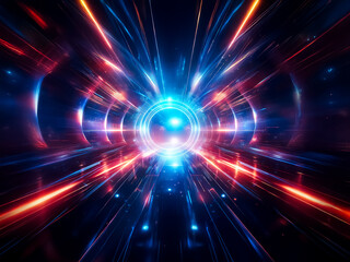 Obraz premium Abstract futuristic image features a vibrant central light source radiating blue and red beams outwards. Dynamic and energetic, it creates a tunnel or portal effect with a sense of speed and depth.