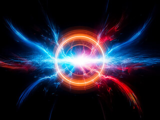 Obraz premium Vibrant glowing orb at the center emitting powerful blue and red energy streams against a dark backdrop. Abstract representation of intense energy and power.