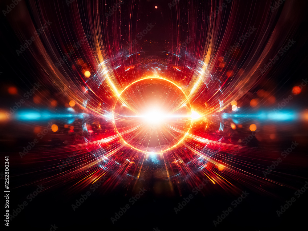 Poster abstract image with a bright central light source surrounded by rings and radiating rays of red and 