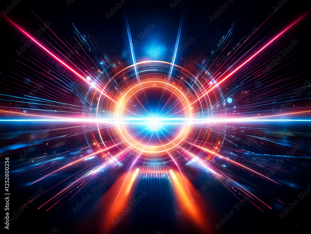 Poster abstract digital artwork featuring vibrant light streaks emanating from a central glowing point. blu