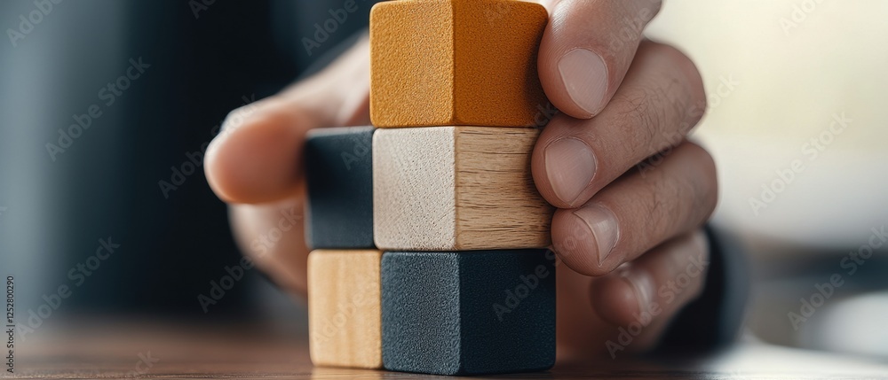 Poster a hand is stacking colorful wooden blocks on a table, demonstrating creativity and focus in construc