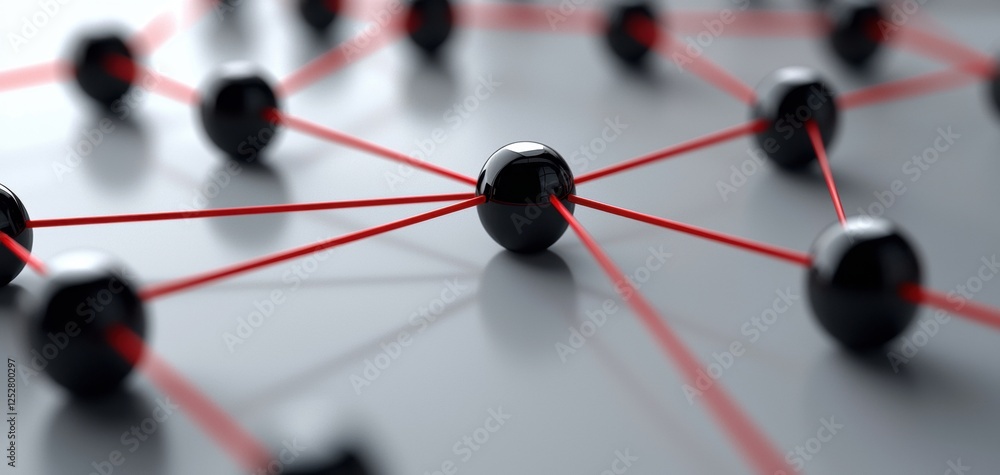 Poster a close-up view of interconnected black spheres linked by red lines, symbolizing a network or system