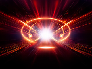 Obraz premium A vibrant blue light core, encased within concentric orange rings, radiates luminous rays against a pitch-black backdrop. The image evokes feelings of energy and cosmic wonder.