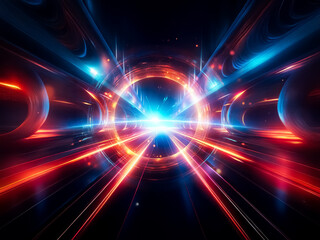 Obraz premium A vibrant tunnel of blue and red light converges at a bright center, creating a dynamic sense of speed, energy, and futuristic motion.