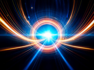 Obraz premium Abstract image with glowing blue core and dynamic orange and blue light streaks radiating, conveying speed, energy, and futuristic motion on a dark background.