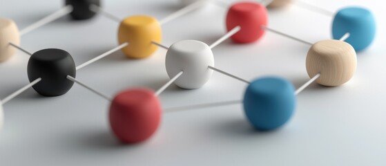 Fototapeta premium Colorful spheres connected by thin sticks, resembling a molecular or structural model on a light surface.