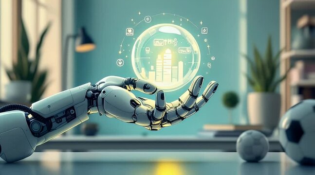 Robotic hand holding smart city hologram, home office background