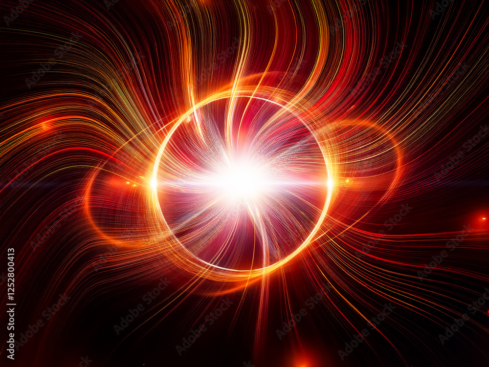 Poster Bright light emanates from the center, encircled by flowing red and orange lines, creating an abstract and dynamic design on a dark backdrop.
