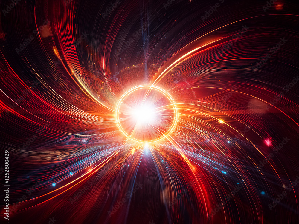 Poster abstract image of bright light emanating from the center. swirling orange and red lines create a dyn