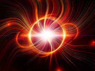 Obraz premium Bright light emanates from the center, encircled by flowing red and orange lines, creating an abstract and dynamic design on a dark backdrop.