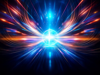 Obraz premium Abstract image depicting a vibrant, glowing ring at the center of radiating light streaks. Colors are predominantly blue, orange, and purple, creating a dynamic, futuristic feel. The overall effect i