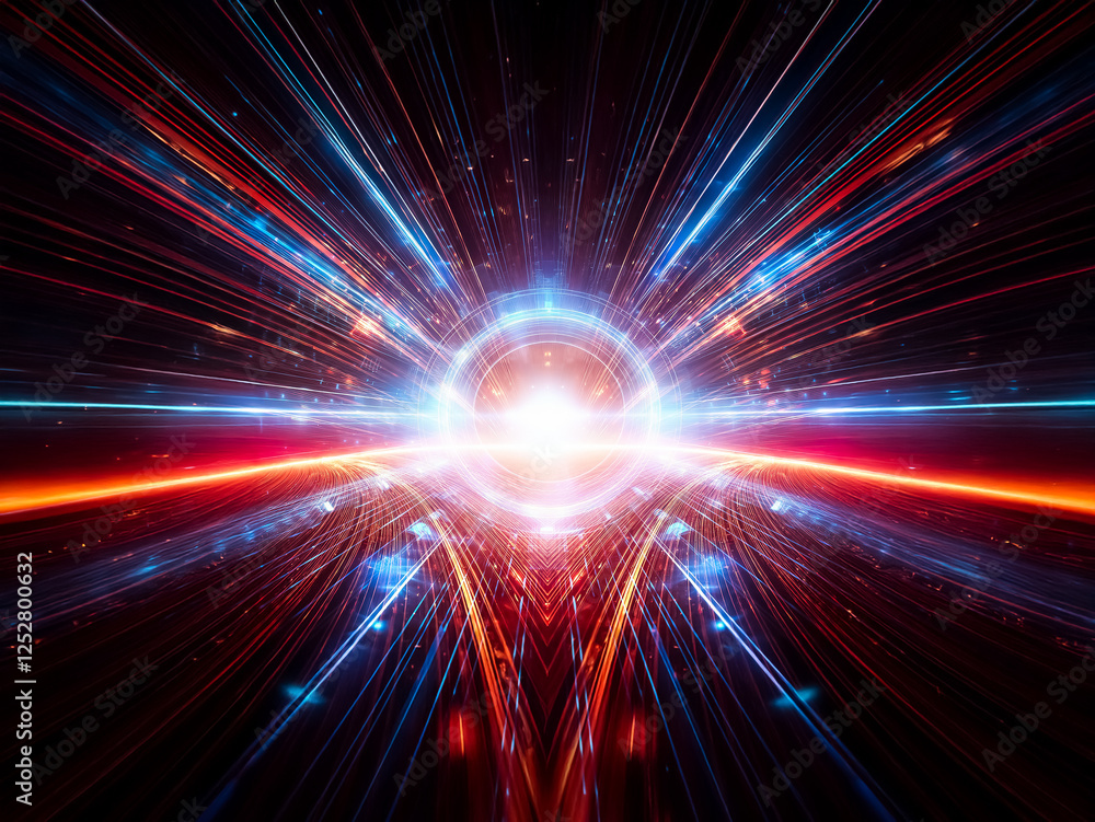 Aufkleber abstract digital art depicting a bright blue circular light source at the center, emanating radiant 
