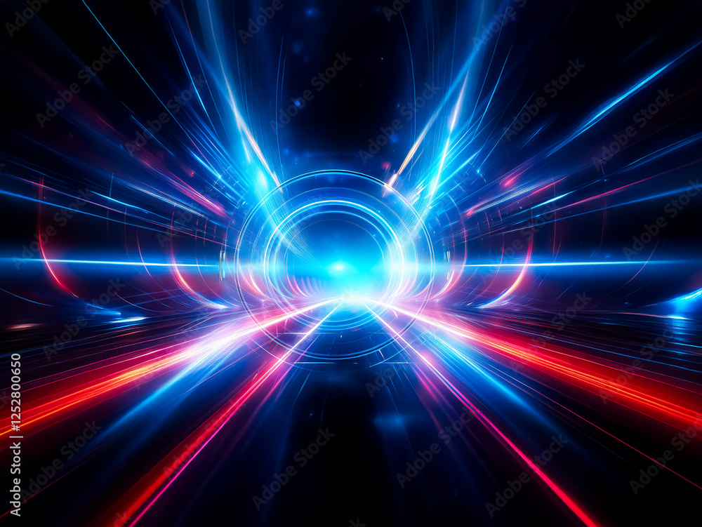 Aufkleber intense blue light bursts from a metallic circular core, radiating outwards in a dynamic, futuristic