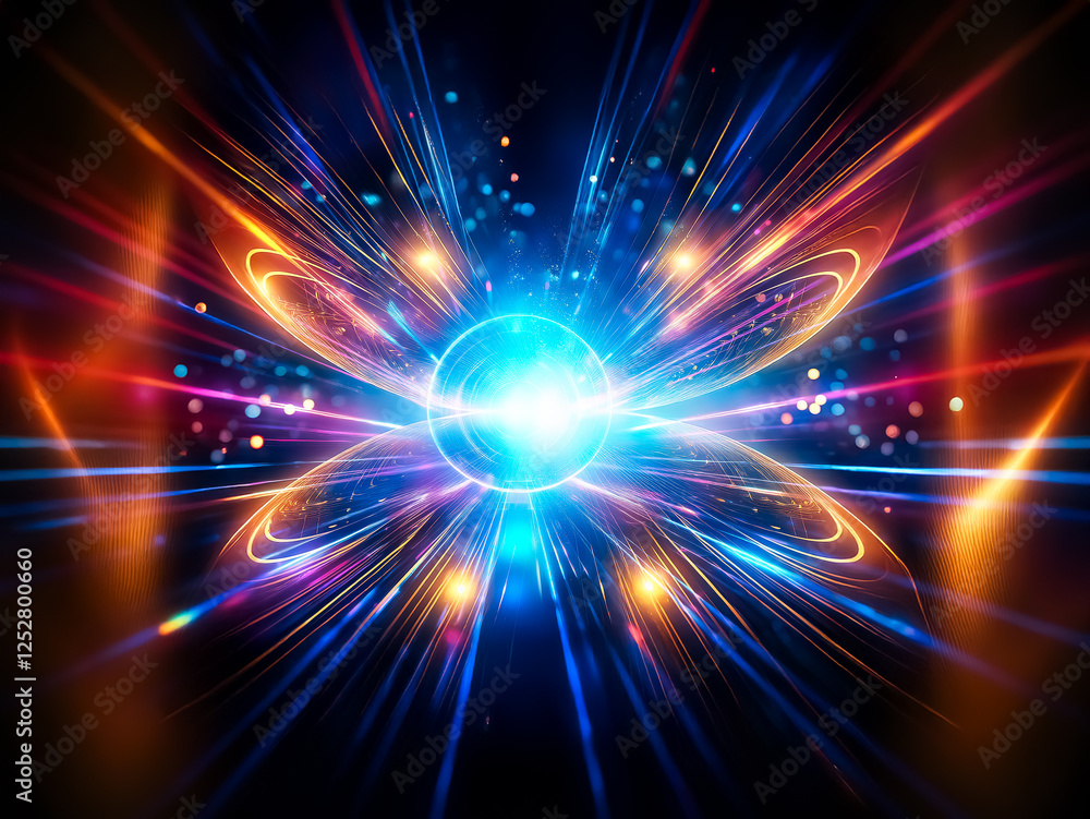 Poster a vibrant, multicolored light burst radiates from a central glowing orb, creating a dynamic and ener